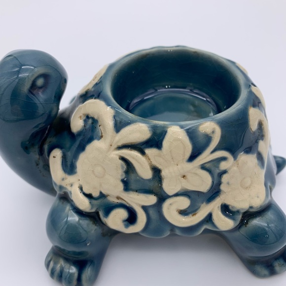 Blue & White Tea Light Ceramic Turtle Candle Or Plant Holder Crackle - Picture 8 of 12